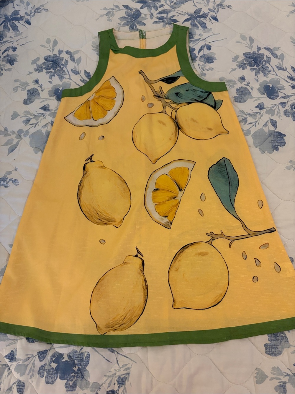 SHEIN Yellow Lemon Print Sleeveless Dress with Green Trim